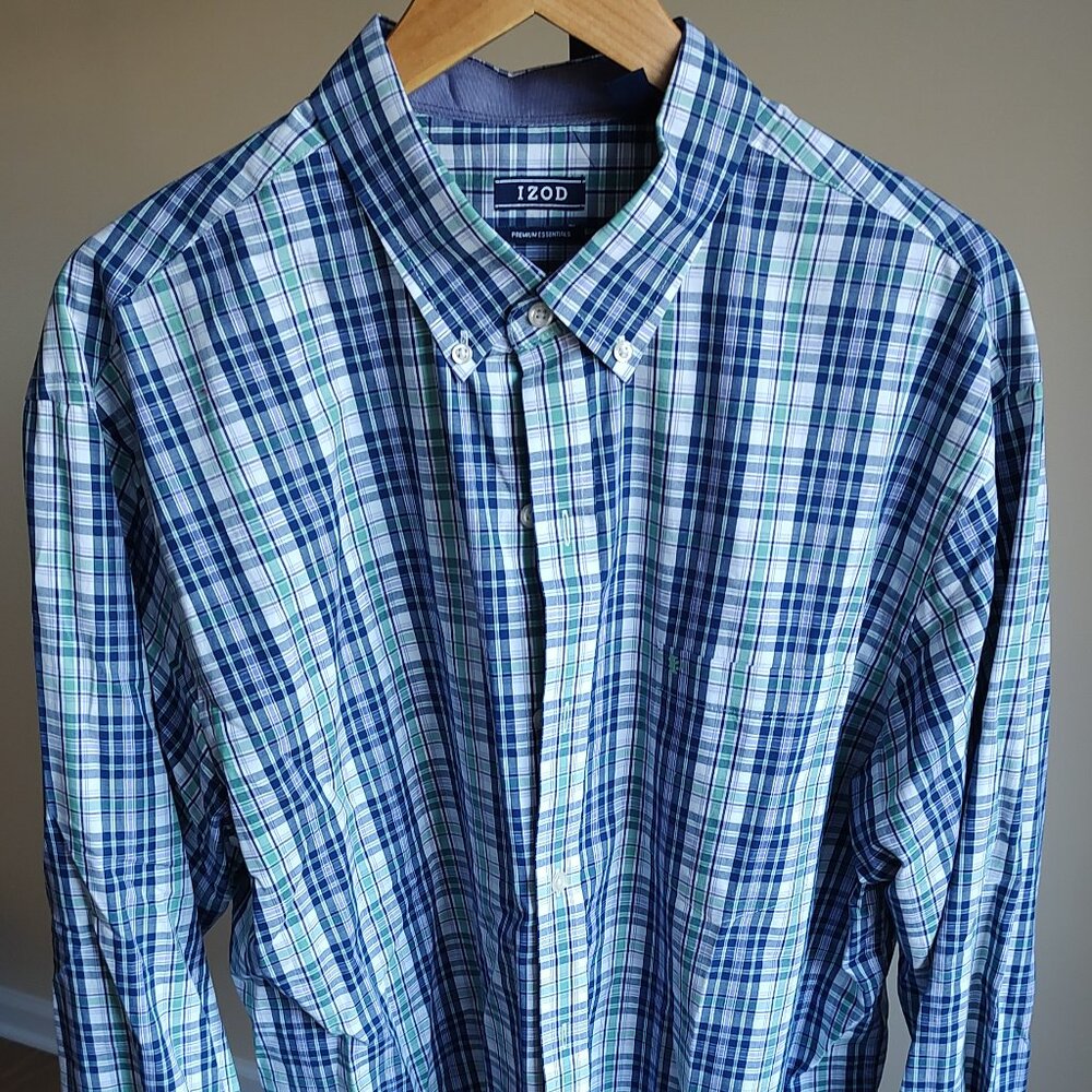 Izod Premium Essentials Blue/Green Plaid Shirt - Size XL